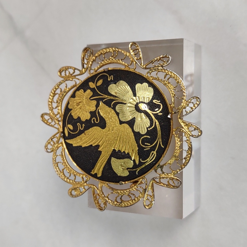 Vintage Damascene Filigree Brooch